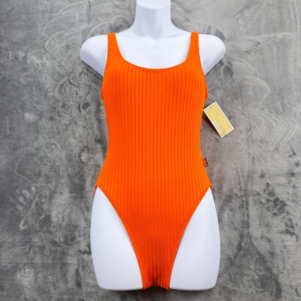 Michael Kors Ribbed One Piece Swimsuit Size 4 Tangerine Orange NWT $118